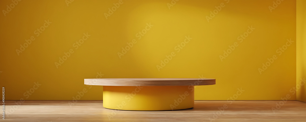 A vibrant yellow cylindrical podium on a warm wooden surface set against a bright yellow backdrop. Perfect for showcasing products with a bold, modern aesthetic. A vibrant yellow cylindrical podium on a warm wooden surface set against a bright yellow backdrop. Perfect for showcasing products with a bold, modern aesthetic.