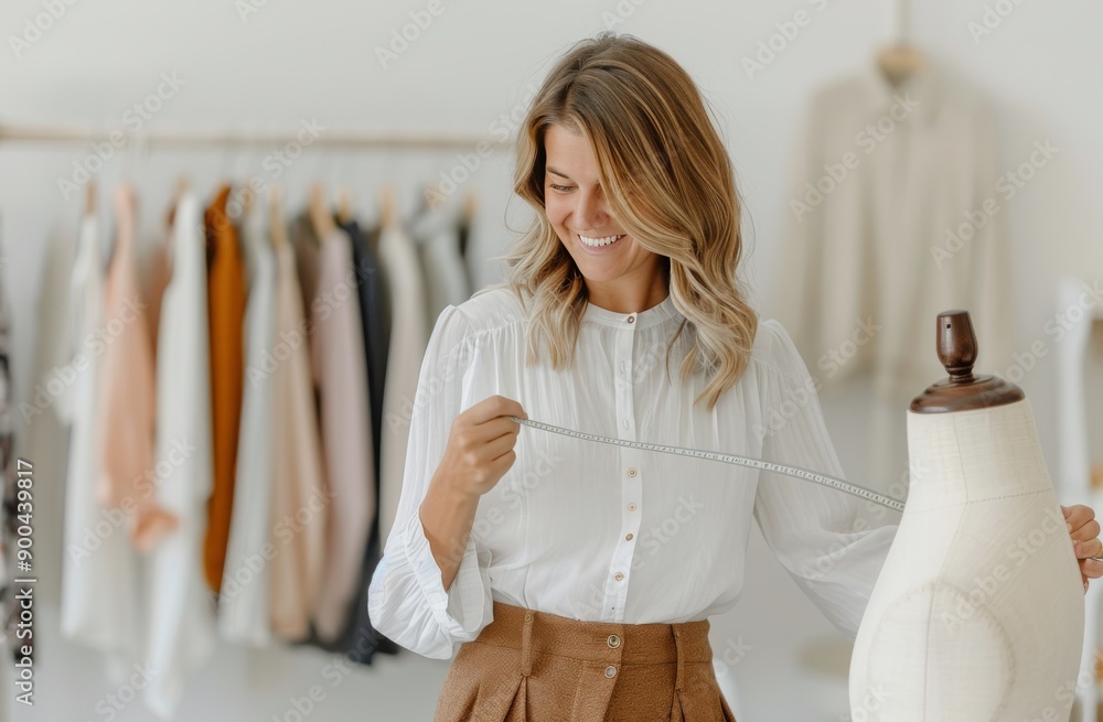 Woman Measuring Dress Form In Clothing Studio Woman Measuring Dress Form In Clothing Studio