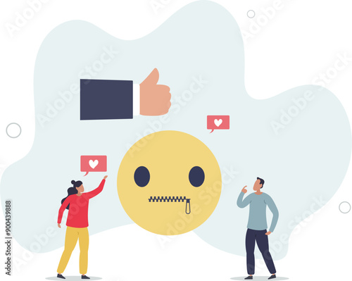 Social media censorship and free speech restriction .Opinion expression limitation with ban or mute on comments or article posts.flat design.illustration with people.