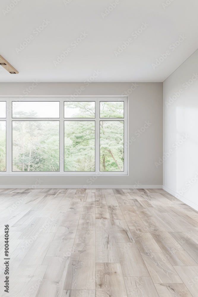 Fototapeta premium Elegant empty room interiors with a large window, neutral colors, natural lighting and copyspace. Empty property interiors.