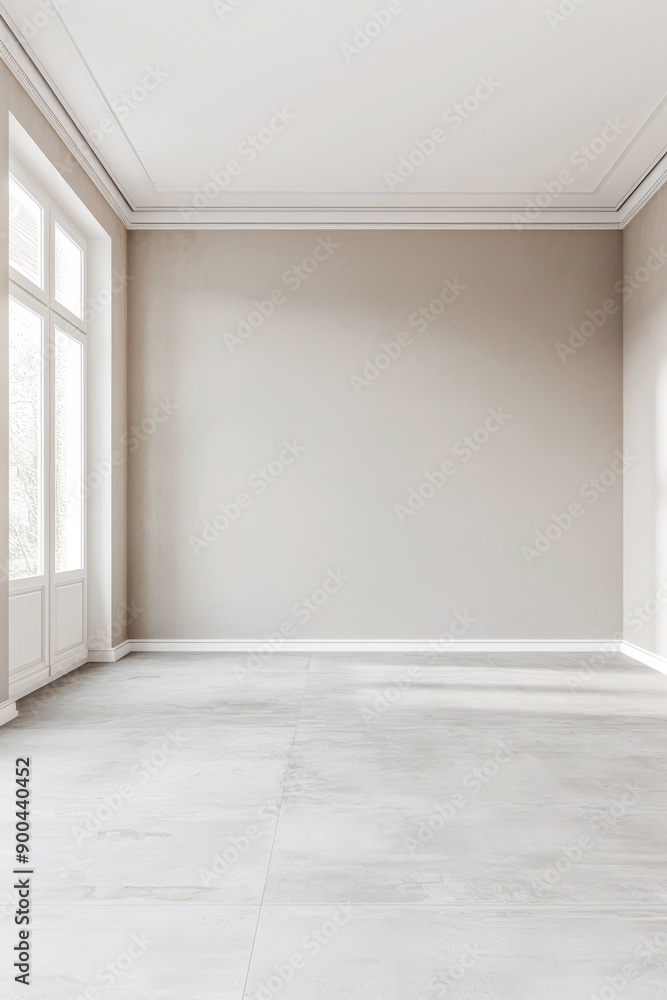 Elegant empty room interiors with a large window, neutral colors, natural lighting and copyspace. Empty property interiors. Elegant empty room interiors with a large window, neutral colors, natural lighting and copyspace. Empty property interiors.