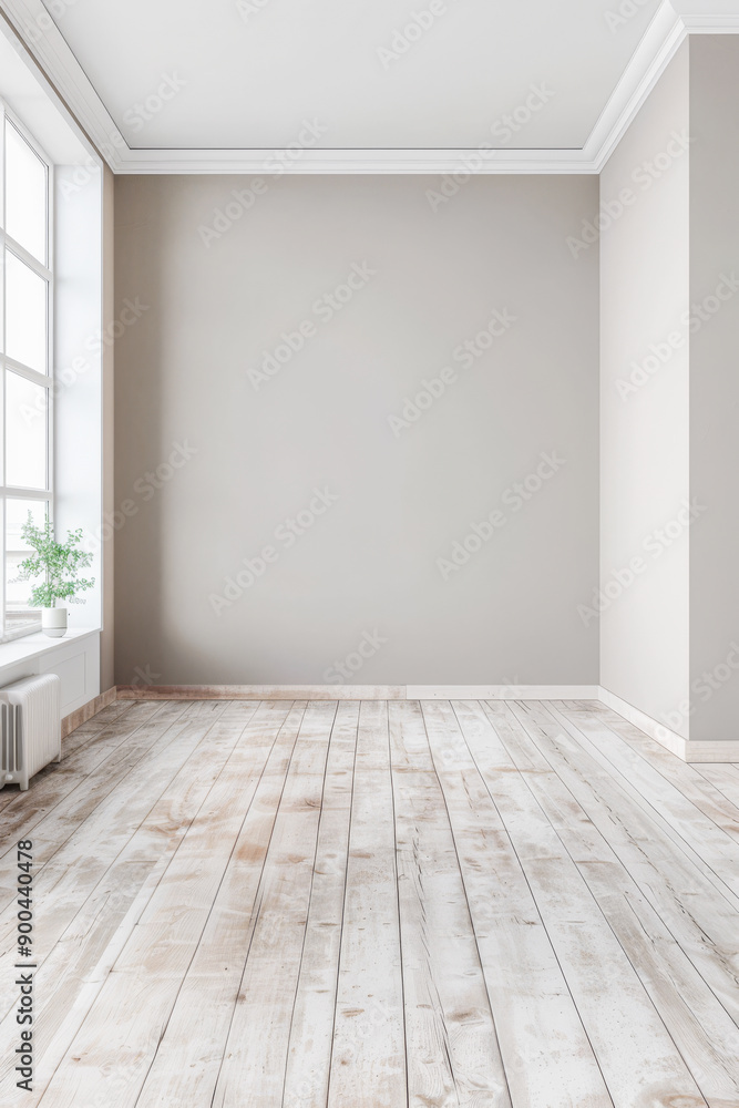Fototapeta premium Elegant empty room interiors with a large window, neutral colors, natural lighting and copyspace. Empty property interiors.