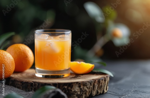 Orange Juice and Fruit on Tree Stump