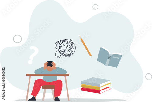 Child, Buried In Homework, Wrestles With Stress And The Weight Of Expectations.flat design.illustration with people.