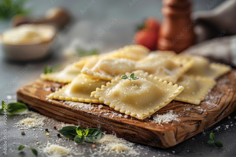 ravioli, expertly arranged on a rustic wooden board, showcasing the delicate folds of the pasta and the creamy cheese filling ravioli, expertly arranged on a rustic wooden board, showcasing the delicate folds of the pasta and the creamy cheese filling