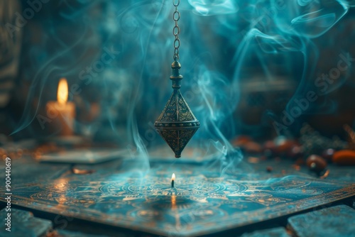 A pendulum swings gently over a blurred altar, with the defocused tarot cards appearing as if they are floating in a cloud of smoke photo