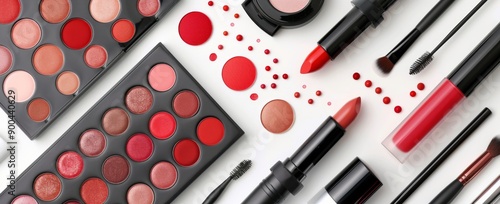 Makeup Products Arranged on White Background