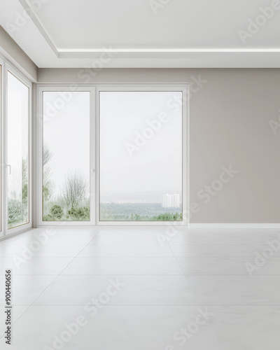 Elegant empty room interiors with a large window, neutral colors, natural lighting and copyspace. Empty property interiors.