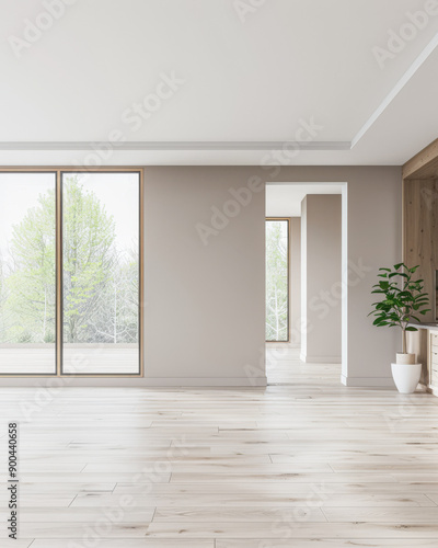 Elegant empty room interiors with a large window, neutral colors, natural lighting and copyspace. Empty property interiors.