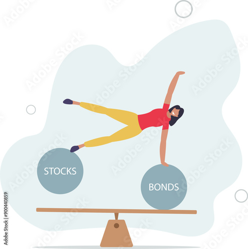 Stocks vs bonds in investment asset allocation, risk assessment portfolio or expected return in long term mutual funds, pension fund concept,flat design.illustration with people.
