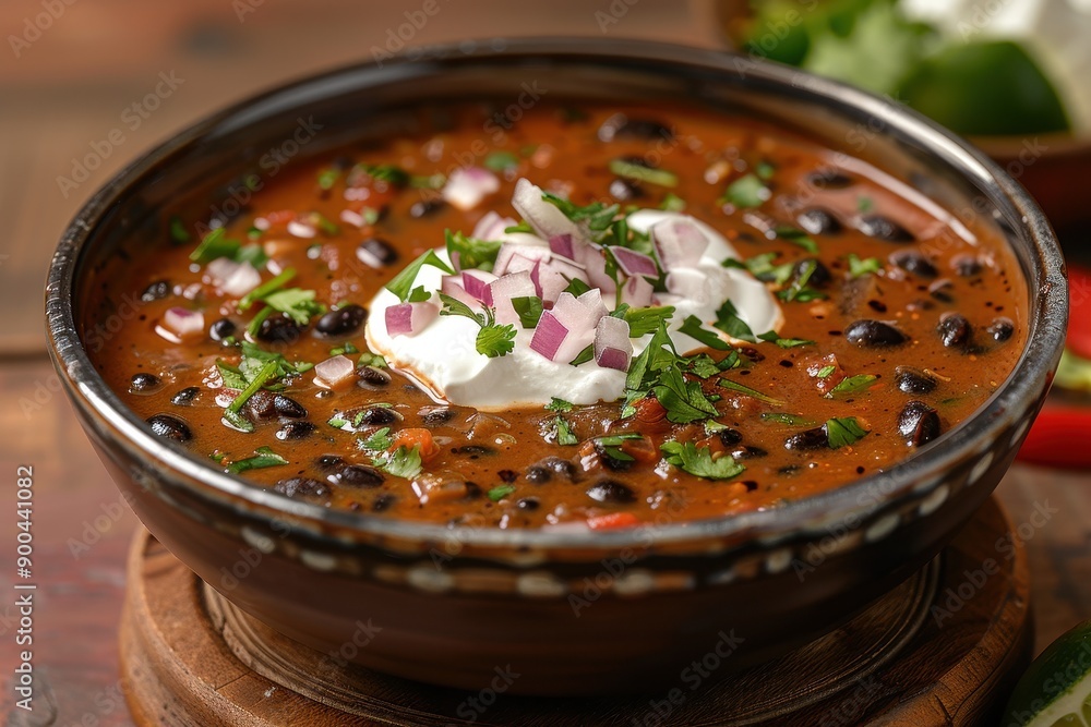 A bowl of black bean soup, garnished with sour cream, chopped onions, cilantro, and a squeeze of lime. A bowl of black bean soup, garnished with sour cream, chopped onions, cilantro, and a squeeze of lime.