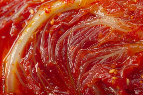 piece of kimchi, emphasizing the texture and detail of the fermented cabbage. photo