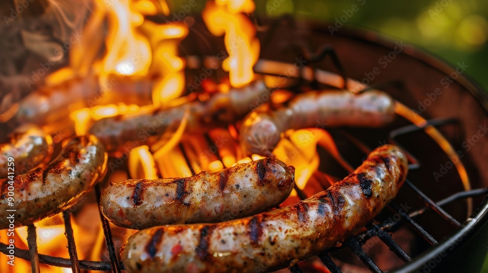 A few hot dogs are cooking on a grill, with the flames licking the tops of them. The scene is casual and relaxed, with the hot dogs being the main focus A few hot dogs are cooking on a grill, with the flames licking the tops of them. The scene is casual and relaxed, with the hot dogs being the main focus