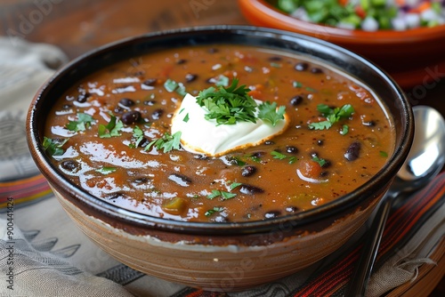 A bowl of black bean soup, garnished with sour cream, chopped onions, cilantro, and a squeeze of lime.