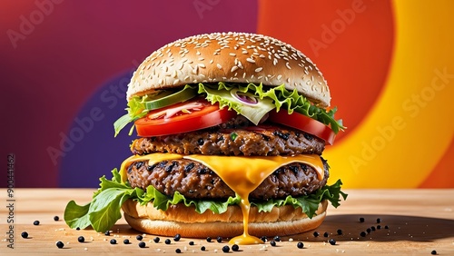 Single burger, vibrant background. The burger should be visually appealing with bold, exaggerated details: a juicy patty, melted cheese, crisp lettuce, fresh tomatoes, and sesame seed bun.  photo