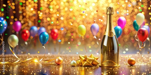 Champagne bottle on a gold surface with fossil confetti and bold colors blurred balloons