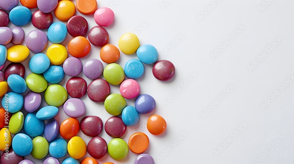 Obraz premium Smarties in corner, rounded colorful candies isolated on white background. 