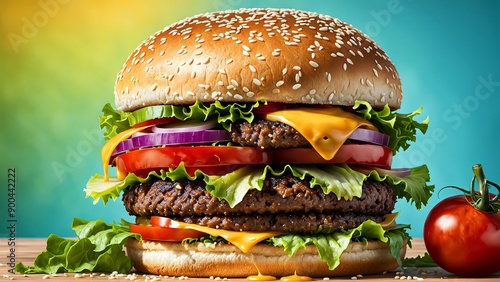 Single burger, vibrant background. The burger should be visually appealing with bold, exaggerated details: a juicy patty, melted cheese, crisp lettuce, fresh tomatoes, and sesame seed bun.  photo