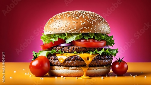 Single burger, vibrant background. The burger should be visually appealing with bold, exaggerated details: a juicy patty, melted cheese, crisp lettuce, fresh tomatoes, and sesame seed bun.  photo