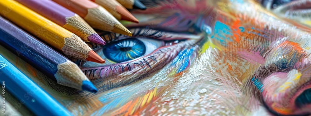 Fototapeta premium colored eyes drawn with colored pencils close up. Generative AI,