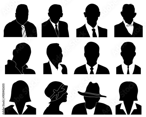 Black silhouettes of avatar heads, profiles of businessmens on a white background	