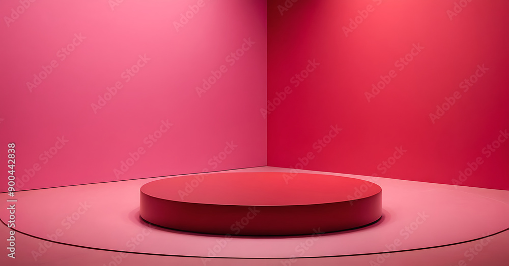 A round pink podium bathed in spotlights against a pink backdrop. Perfect for showcasing cosmetics, fashion accessories, or any product needing an elegant, feminine touch. A round pink podium bathed in spotlights against a pink backdrop. Perfect for showcasing cosmetics, fashion accessories, or any product needing an elegant, feminine touch.