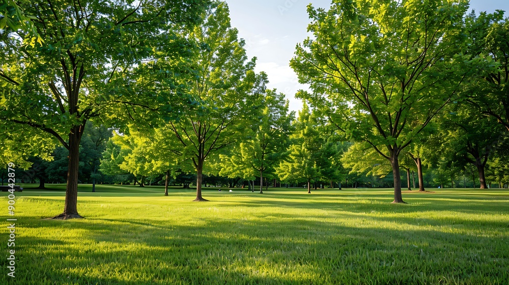Fototapeta premium Real-life photo capturing several trees closely grouped together horizontally on the grass in a park