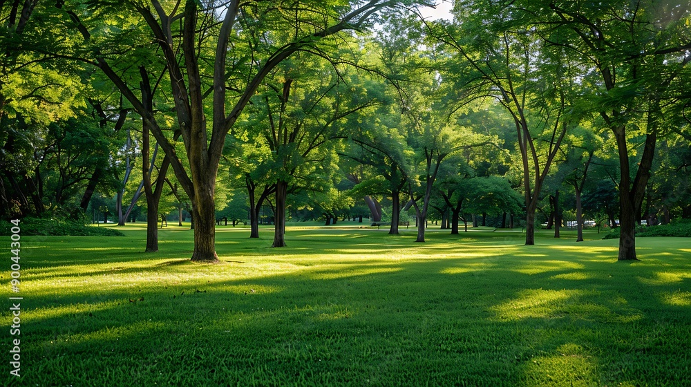 Obraz premium Real-life photo capturing several trees closely grouped together horizontally on the grass in a park