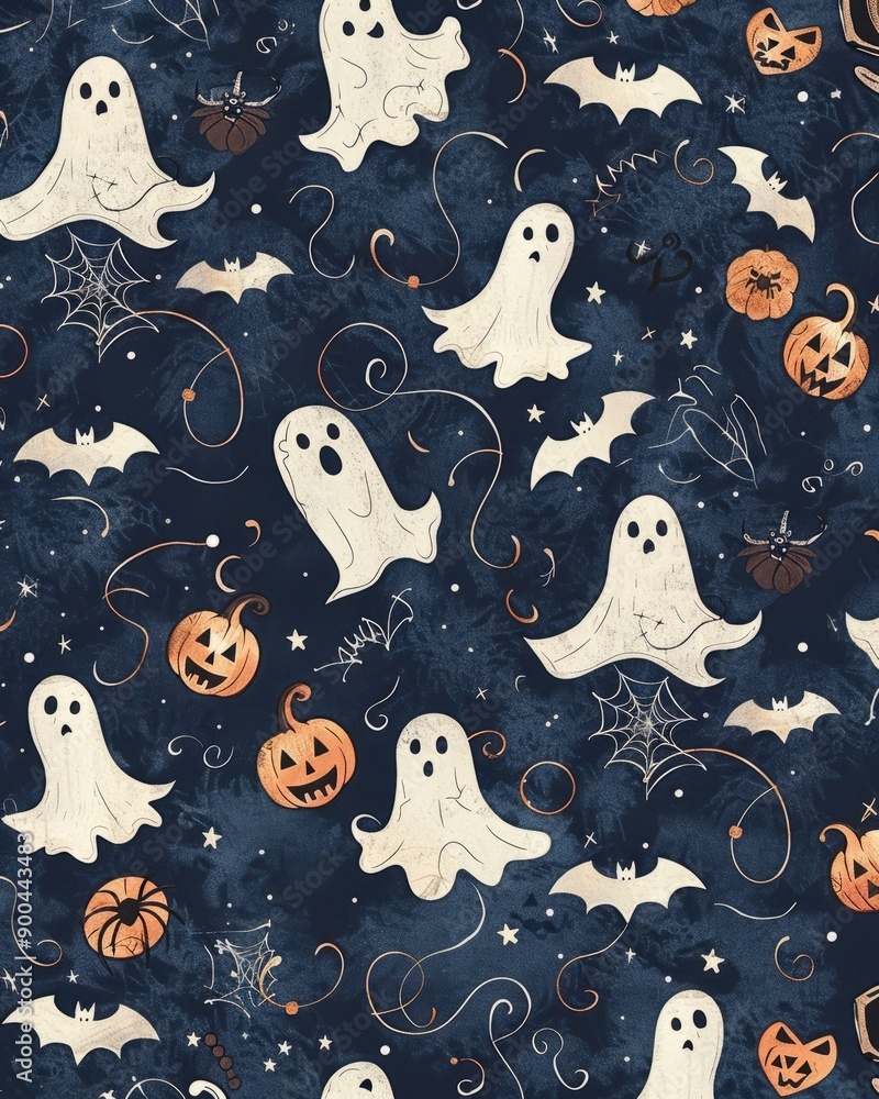 A Halloween seamless pattern with ghosts, bats, pumpkins and spiderwebs on a blue background. A Halloween seamless pattern with ghosts, bats, pumpkins and spiderwebs on a blue background.