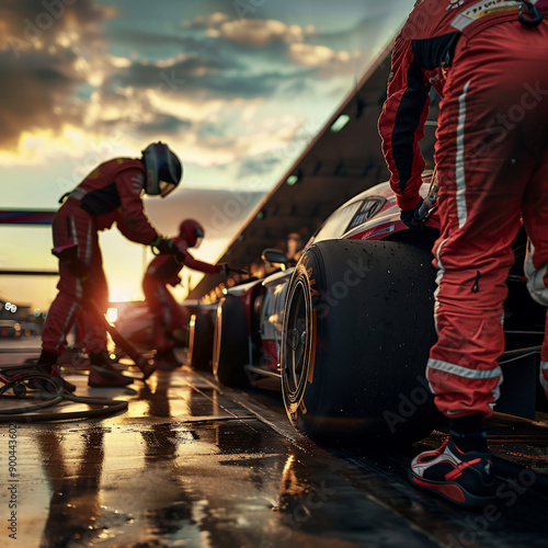 Professional pit crew changing tires before their team's race car leaves in the pit lane during a pitstop of a car race