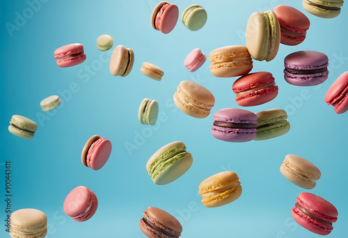 Wallpaper Mural A cascade of pastel pink macarons falls against a vibrant blue and pink background, perfect for bakery promotions, dessert menus, or social media posts. Torontodigital.ca