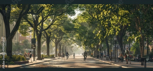 Car free day clean streets under shady trees with people doing sports activities.