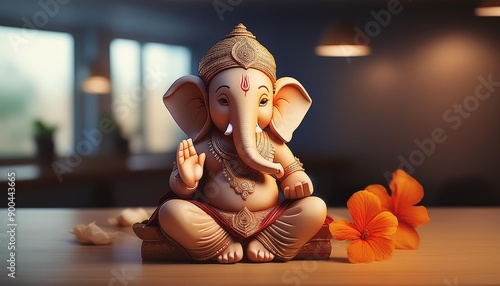 lord Ganesha made of clay placed in the right side of few marigold flowers and oil lamp in the modern hybrid office over an office desk.