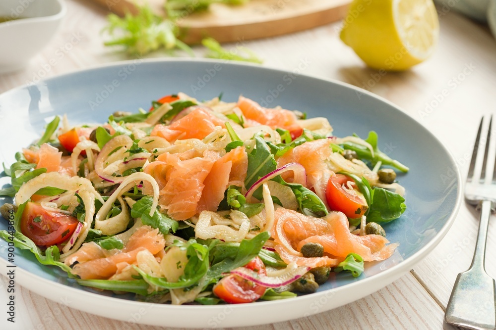 Gourmet Delight: Close-Up 4K Image of Smoked Salmon and Chorizo Salad Dressed with Homemade Olive Oil and Garlic Vinaigrette
Gourmet Delight: Close-Up 4K Image of Smoked Salmon and Chorizo Salad Dressed with Homemade Olive Oil and Garlic Vinaigrette