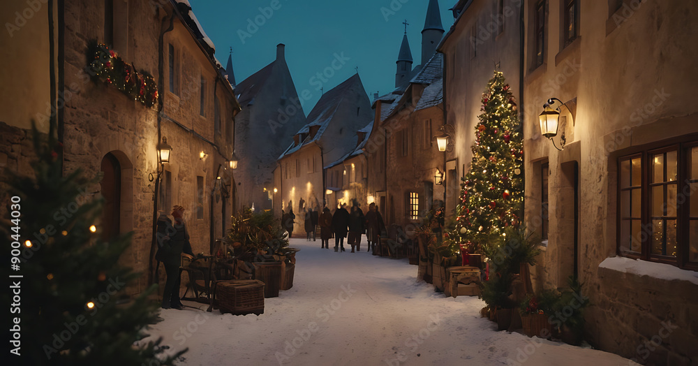 A charming snow-covered street in a historic European town adorned with Christmas lights and trees, perfect for holiday-themed projects, travel brochures, or winter scenes. A charming snow-covered street in a historic European town adorned with Christmas lights and trees, perfect for holiday-themed projects, travel brochures, or winter scenes.