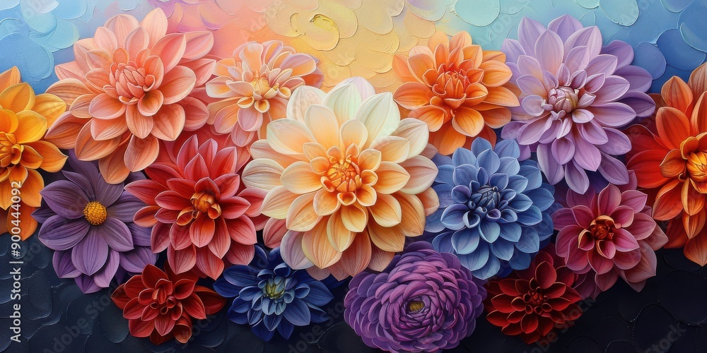 A vibrant painting of various flowers in full bloom, showcasing a range of colors including oranges, purples, reds, and blues. The flowers are arranged in a way that highlights their intricate petalsใ A vibrant painting of various flowers in full bloom, showcasing a range of colors including oranges, purples, reds, and blues. The flowers are arranged in a way that highlights their intricate petalsใ