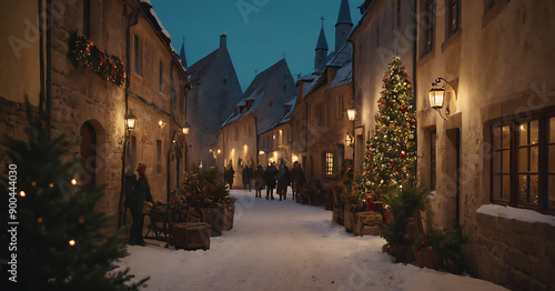 A charming snow-covered street in a historic European town adorned with Christmas lights and trees, perfect for holiday-themed projects, travel brochures, or winter scenes.