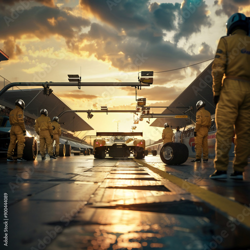  amateur pit crew ready for action as their team's race car arrives in the pit lane during a pitstop of a car race