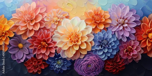 A vibrant painting of various flowers in full bloom, showcasing a range of colors including oranges, purples, reds, and blues. The flowers are arranged in a way that highlights their intricate petalsใ