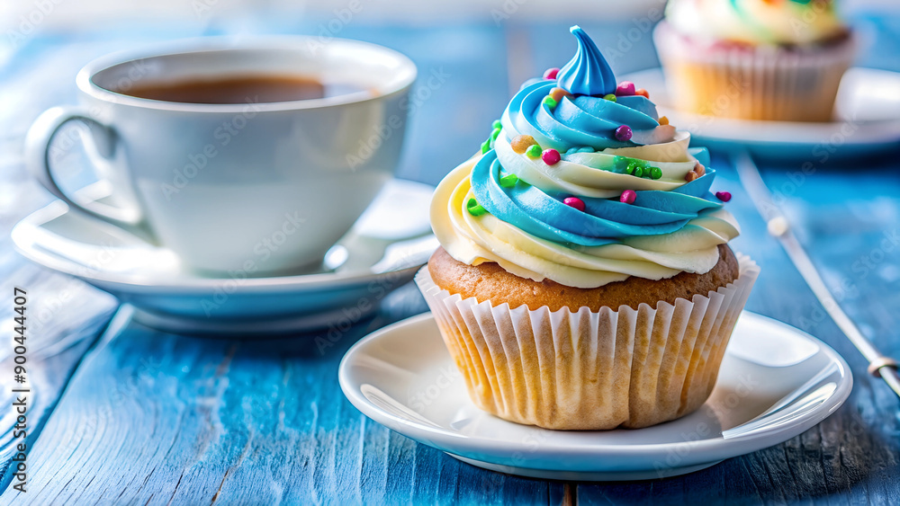 Cupcake withCupcake with Blue and White Frosting Next to Tea on Blue Wooden Background cream frosting and a cup of tea on a wooden table