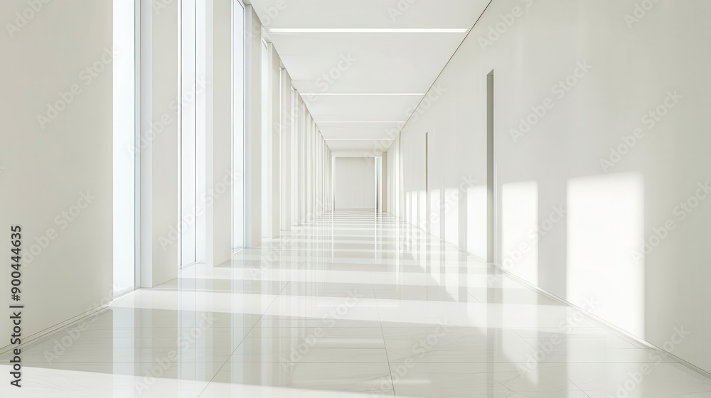 Minimalistic white hallway with floortoceiling windows, leading to a bright light, evoking tranquility Minimalistic white hallway with floortoceiling windows, leading to a bright light, evoking tranquility