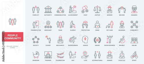 Community communication, work and life way of person line icons set. Law and authority, job and training, protection and care of family thin black and red outline symbols vector illustration