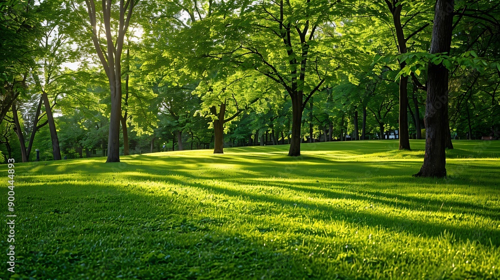 Obraz premium Real-life photo capturing several trees closely grouped together horizontally on the grass in a park