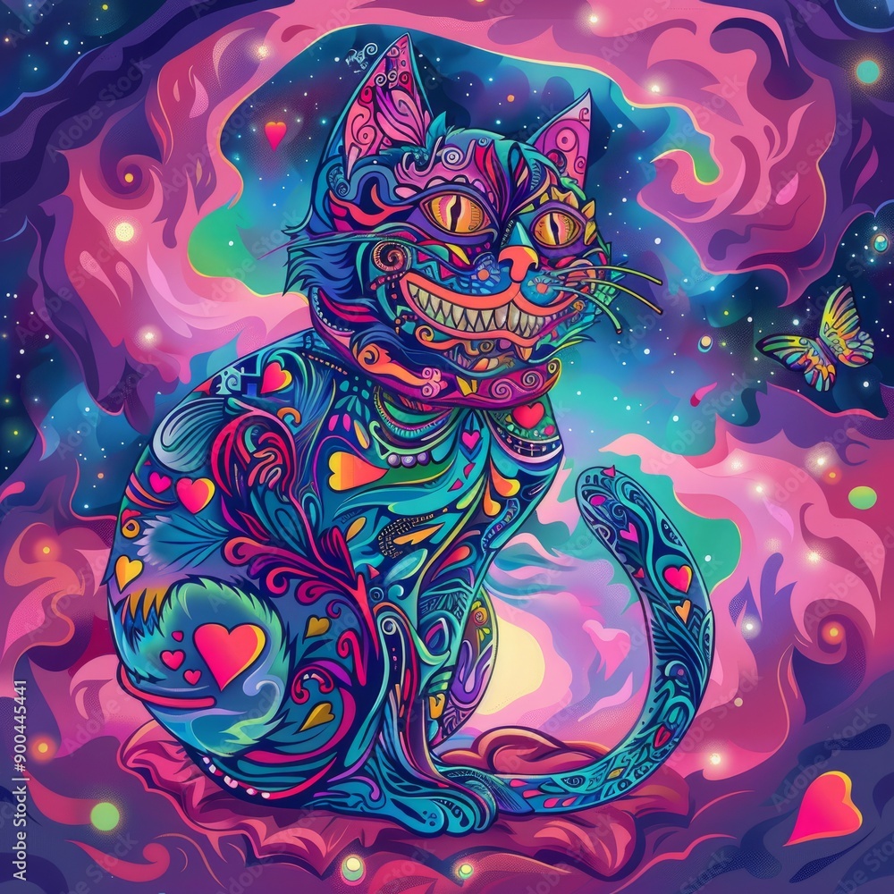 Obraz premium A psychedelic cat with a wide grin sits amidst swirling cosmic patterns and glowing hearts.