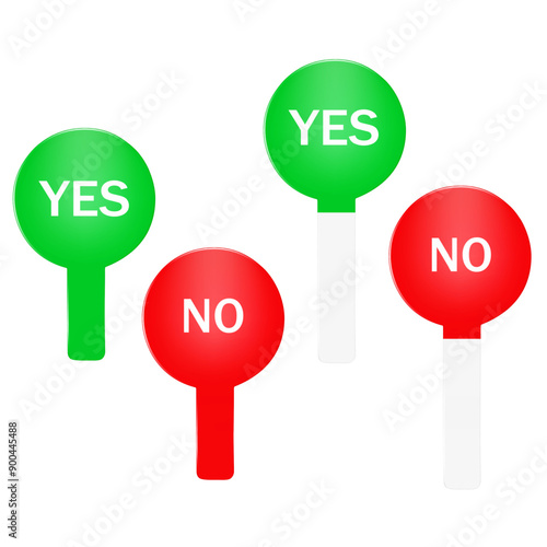 Blank hand held paddle sign with handle Yes and No isolated on white background. Vector mockup. Handheld circle double sided board mock-up. Easy editable design