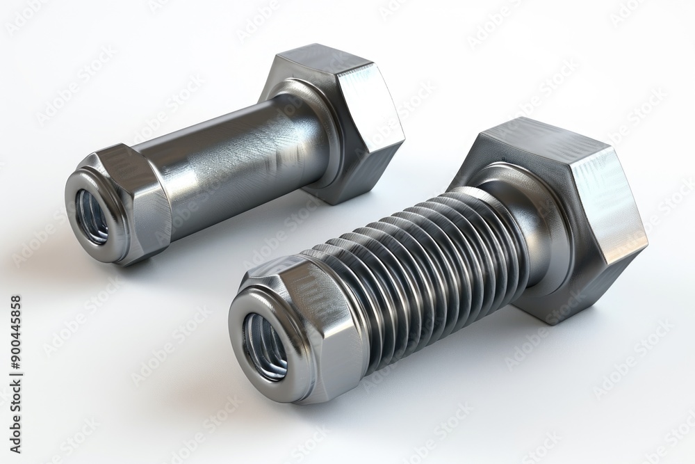 Close-up of two stainless steel bolts on a clean white surface, great for use in technical or industrial contexts Close-up of two stainless steel bolts on a clean white surface, great for use in technical or industrial contexts