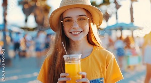 Girl in Straw Hat Drinking Juice at Beach