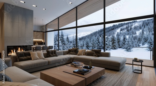 Modern Living Room With Snowy Forest View