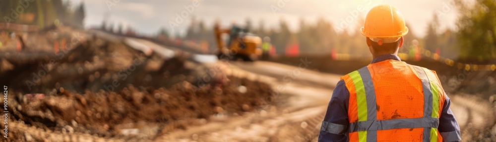 Construction worker supervises site with machinery, showcasing teamwork and safety in a natural environment. Construction worker supervises site with machinery, showcasing teamwork and safety in a natural environment.