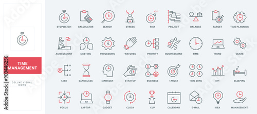 Time management, business project planning line icons set. Task processing priority, clock and calendar, mobile gadget to plan work life balance thin black and red outline symbols vector illustration